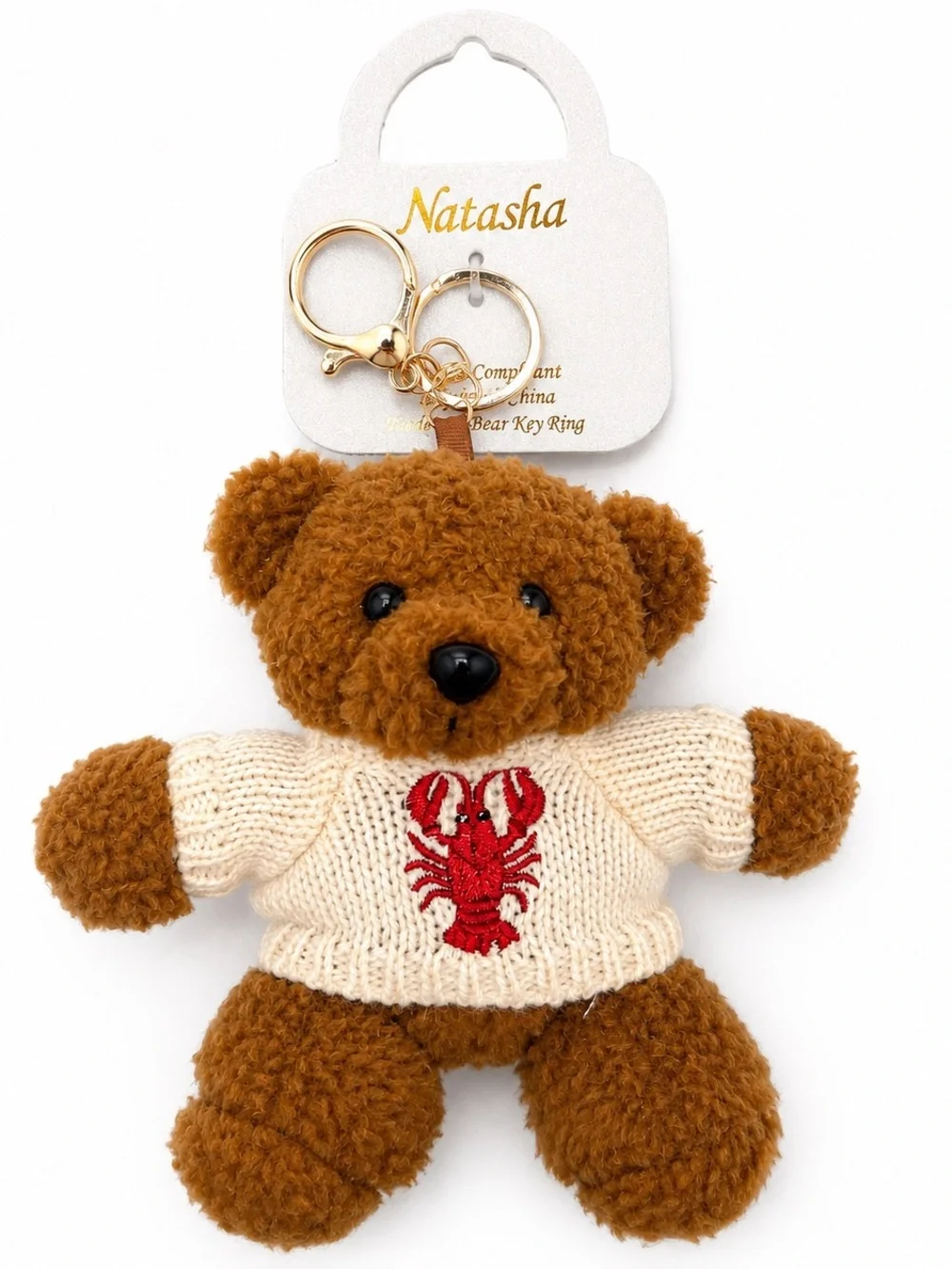 Natasha Brown Teddy Bear Keychain Bag Charm with Cream Sweater and Red Lobster